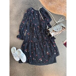 Who What Wear Black Floral Tiered Ruffle Long Sleeve Sheer Dress Women's Size S